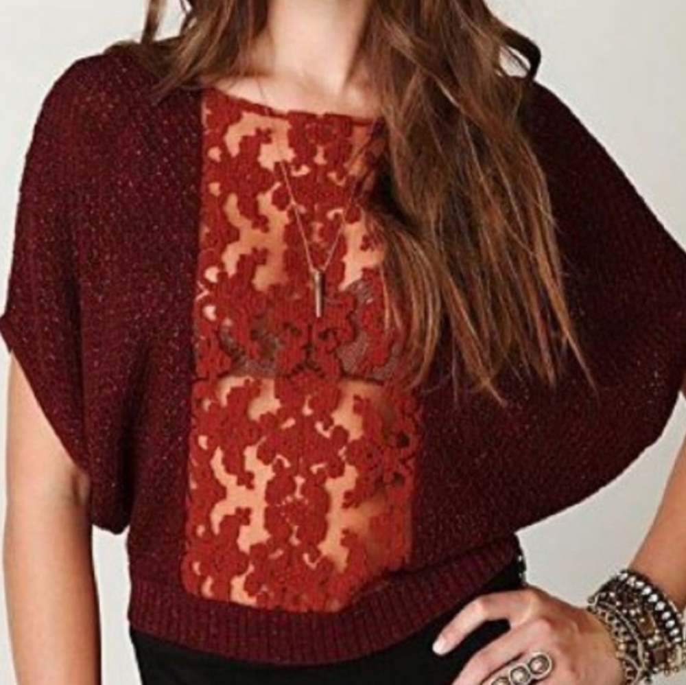 Free People wine lace batwing tunic knit top